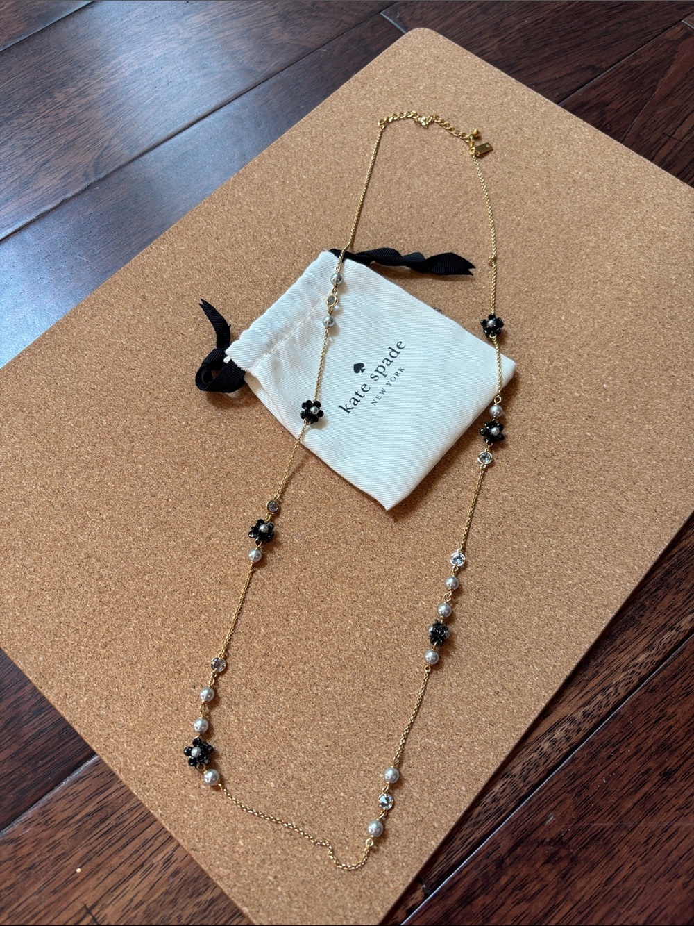 kate spade Gold-tone Long Necklace with Black Flower and Pearl Accents